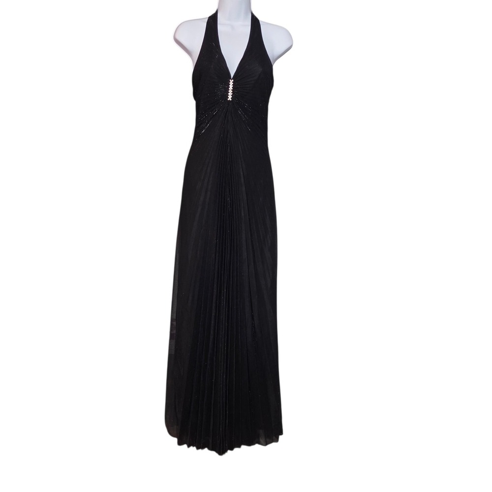 Jump Apparel Co Women Sz 4 Gown Black Halter Neck Pleated Rhinestone Detail Y2K